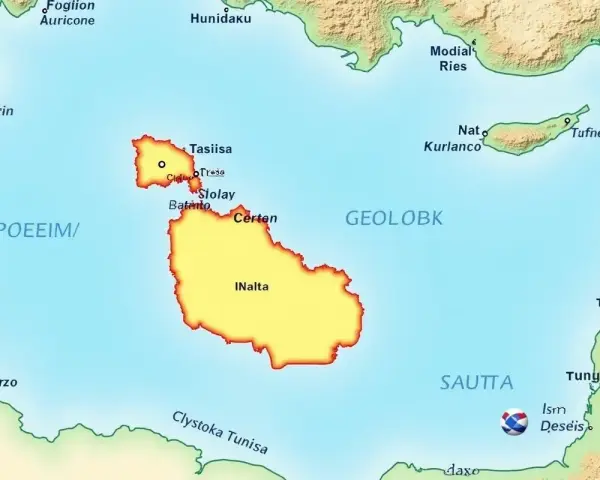 Mapa pokazuje, gdzie leży Malta, między Tunezją a Włochami, z zaznaczonymi wyspami i miastami.