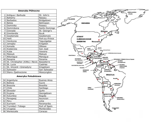 Mapa przedstawia kraje Ameryki Północnej i Południowej z ich stolicami. Zaznaczone są m.in. Kanada, USA, Meksyk, Brazylia, Argentyna.