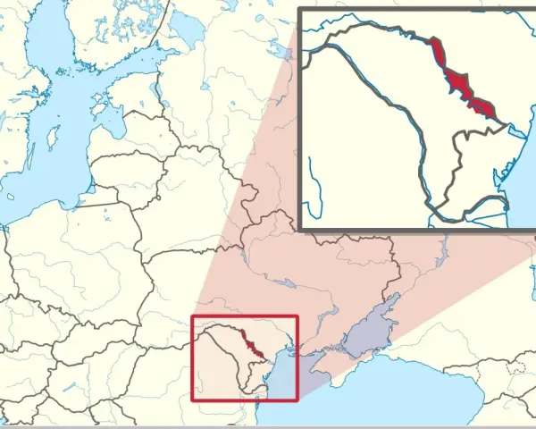Mapa Europy Wschodniej z zaznaczonym obszarem Transnistrii. Powiększony fragment pokazuje dokładne położenie tego regionu.