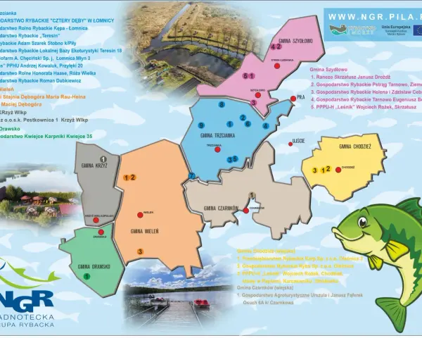 Mapa prezentująca gminy i gospodarstwa rybackie w regionie nadkaspijskim.