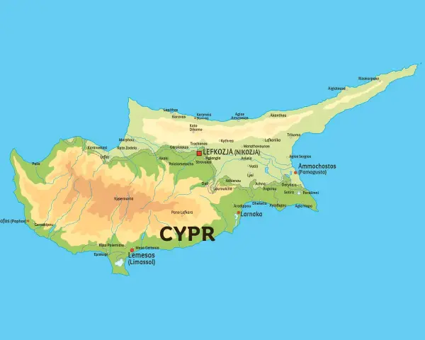 Mapa pokazuje, gdzie leży Cypr, z zaznaczonymi miastami jak Nikozja, Limassol i Larnaka.
