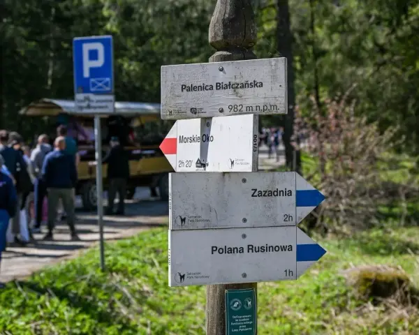 Drewniany drogowskaz w górach z nazwami szlaków: Palenica Białczańska, Morskie Oko, Zazadnia, Polana Rusinowa.