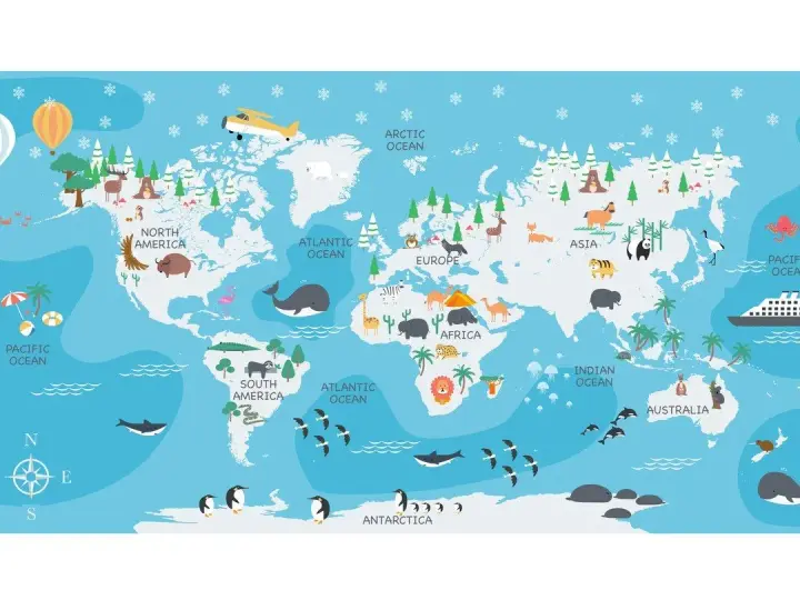 Mapa świata z zwierzętami i kontynentami. Największy ocean, Pacyfik, otacza Amerykę Północną i Południową.