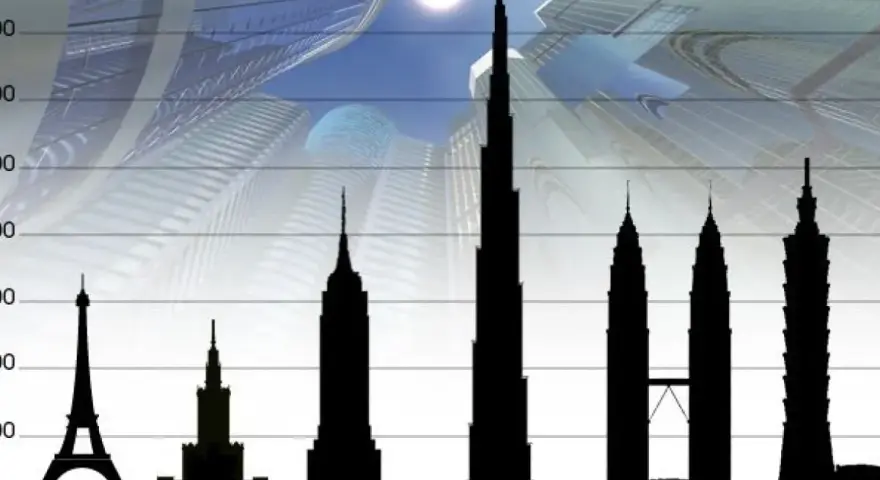 Porównanie wysokości budynków: Wieża Eiffla, Pałac Kultury, Empire State Building, Burj Dubaj (największy budynek na świecie), Petronas Towers, Taipei 101.