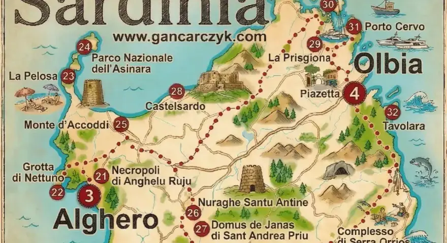 Mapa turystyczna Sardynii, pokazująca gdzie leży ta włoska wyspa, z zaznaczonymi atrakcjami jak Alghero, Olbia i Porto Cervo.