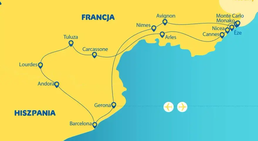 Mapa turystyczna Francji i Hiszpanii, pokazująca trasę przez miasta nad Morzem Śródziemnym, od Barcelony po Monako.