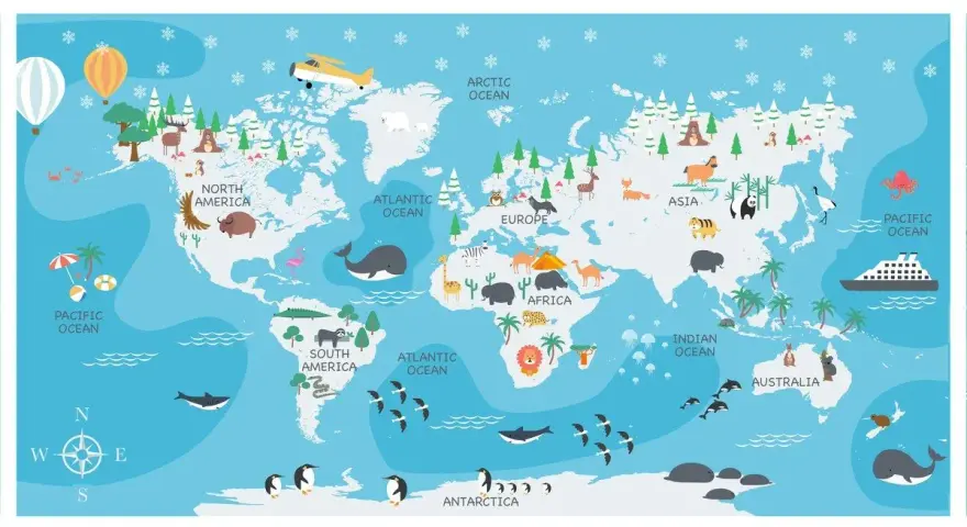 Mapa świata z zwierzętami i kontynentami. Największy ocean, Pacyfik, otacza Amerykę Północną i Południową.