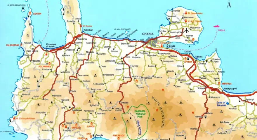 Mapa Krety Zachodniej. Widać tu góry, wybrzeże, drogi i miejscowości. Gdzie leży Kreta? Na tej mapie widzimy zachodnią część wyspy Kreta.