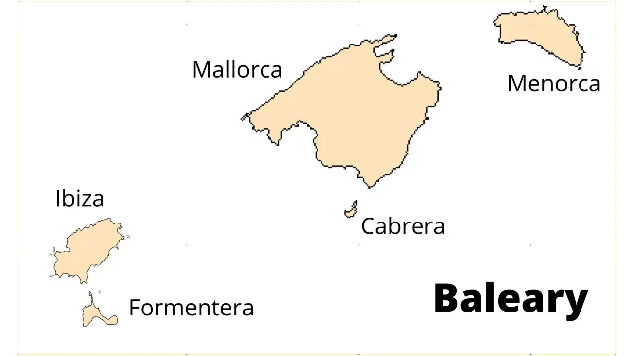 Mapa przedstawiająca Baleary, hiszpania wyspy: Majorka, Minorka, Ibiza, Formentera i Cabrera.