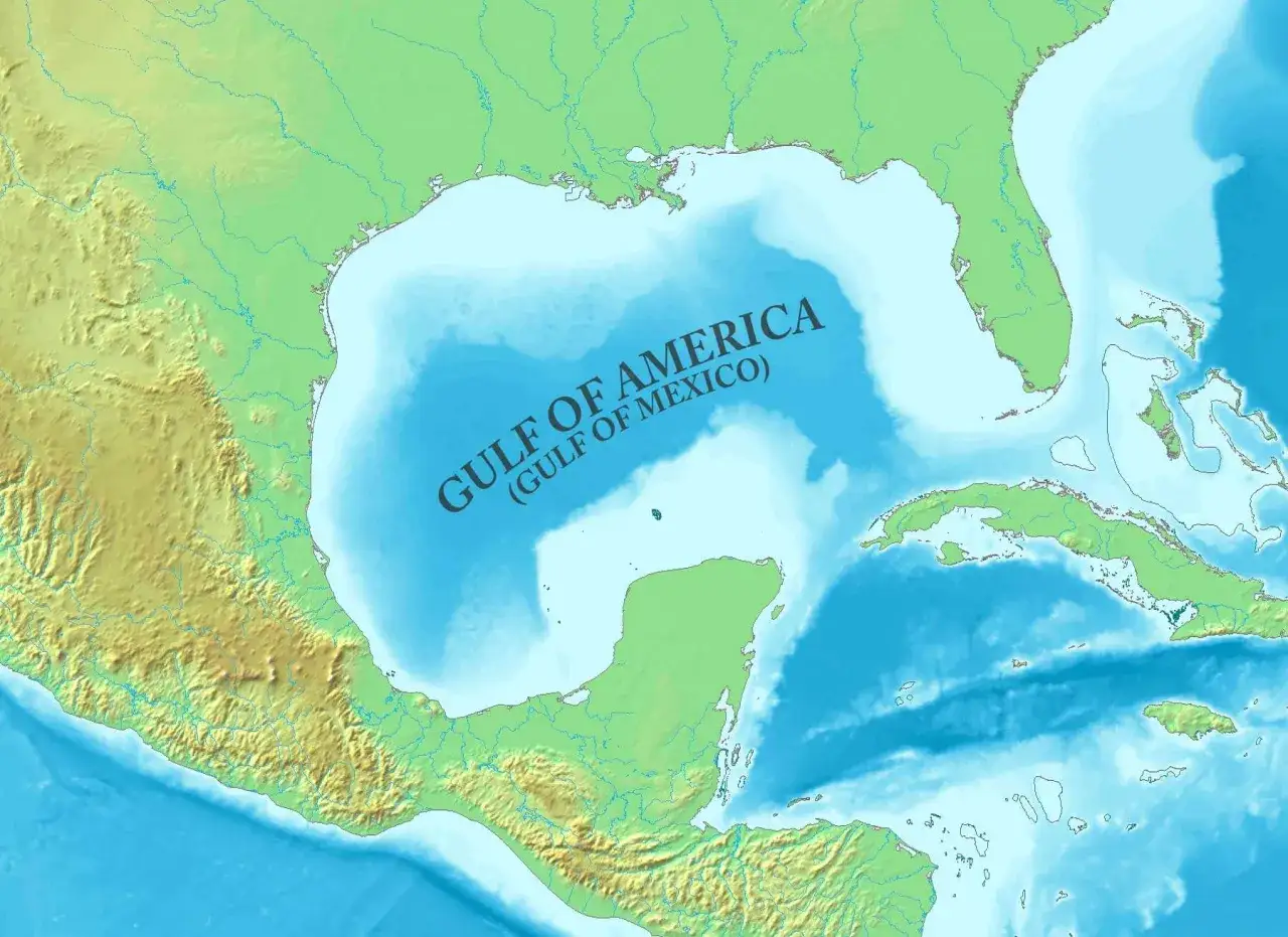 Mapa topograficzna Zatoki Meksykańskiej, ukazująca wybrzeża USA, Meksyku i Kuby.