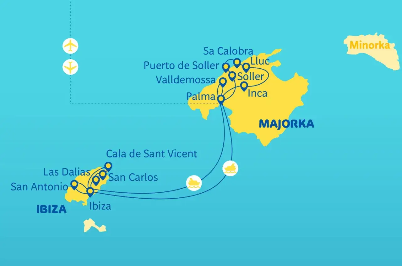 Baleary: jakie wyspy? Mapa pokazuje Majorkę, Ibizę i Minorkę z zaznaczonymi trasami lotniczymi i promowymi.