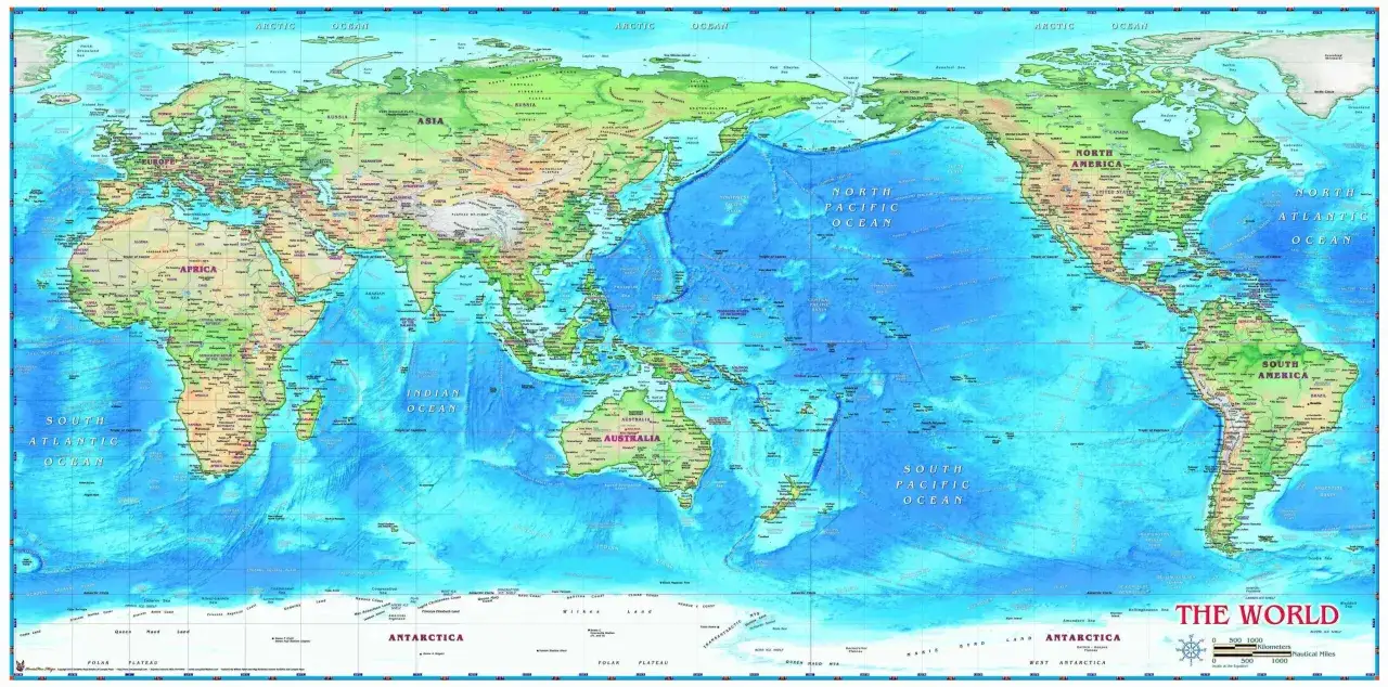 Mapa świata z zaznaczonymi kontynentami i oceanami, w tym Pacyfikiem – największym oceanem.