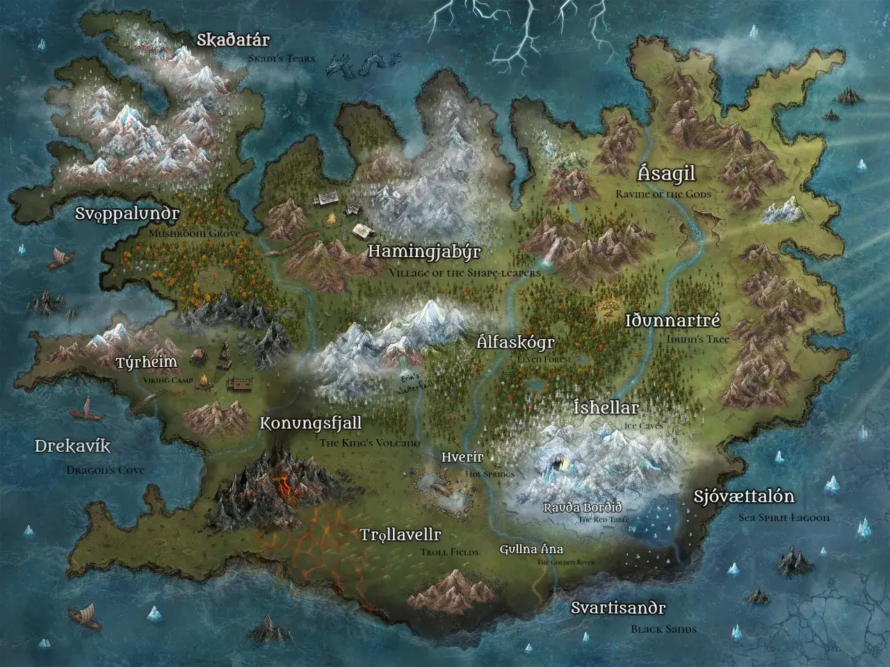 Fantastyczna mapa przedstawiająca wyspy szczęśliwe, pełne wulkanów, lodowych jaskiń i mitycznych stworzeń.