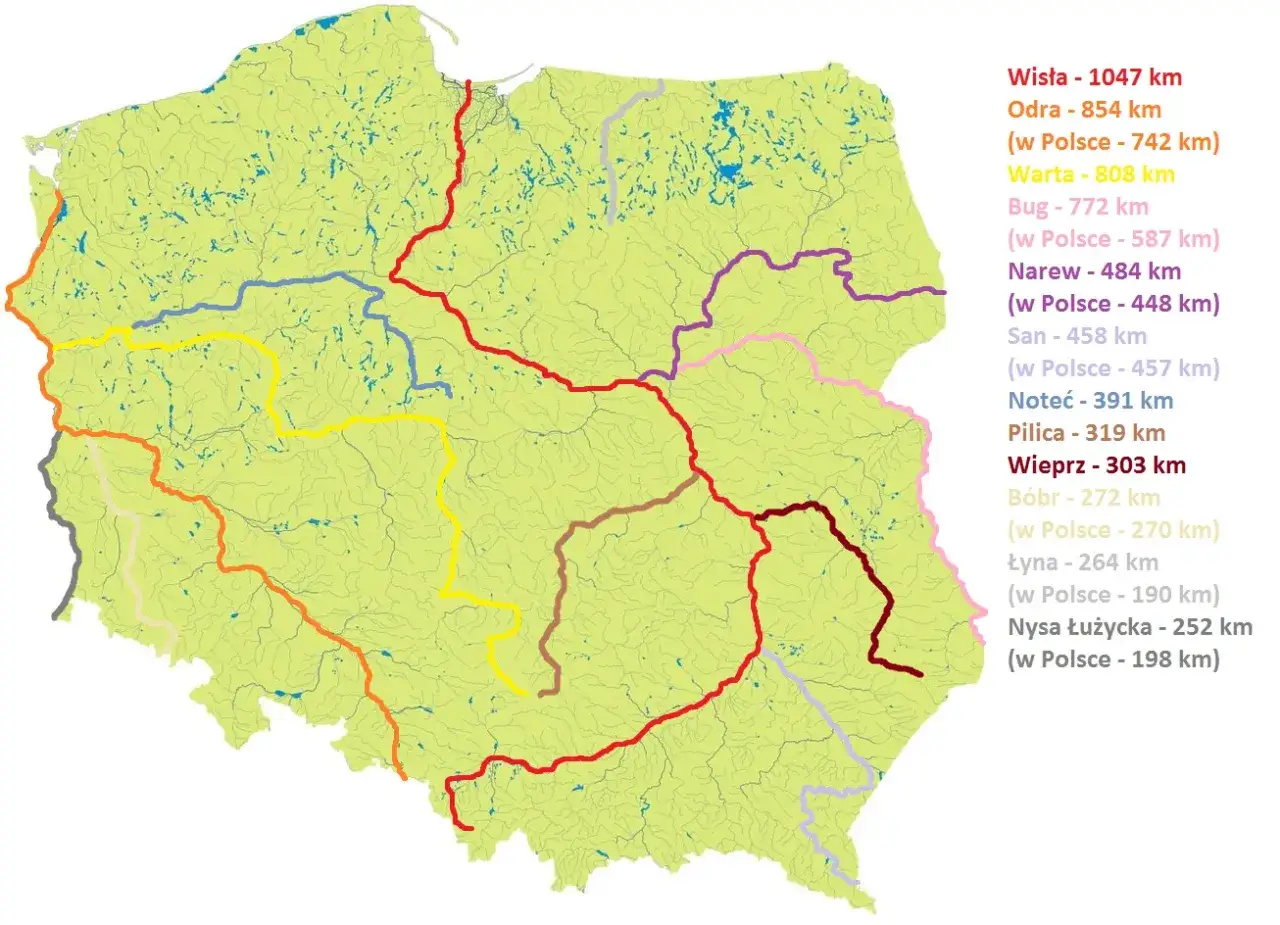 Mapa Polski z zaznaczonymi głównymi rzekami, m.in. Wisłą, Odrą i Wartą. Każda rzeka na u. ma inny kolor.