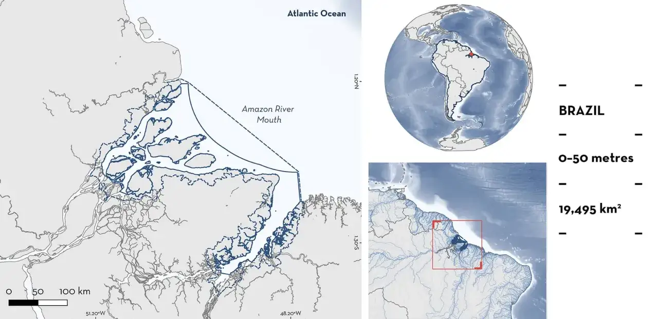 Mapa ujścia Amazonki, największej rzeki świata, do Oceanu Atlantyckiego.