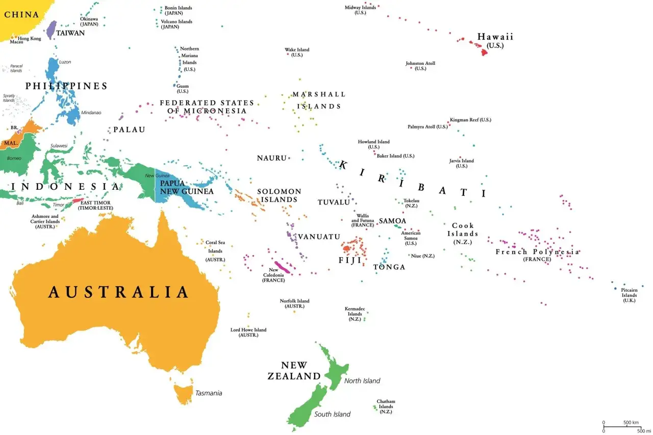 Mapa przedstawiająca kraje i wyspy Oceanii, w tym Australię, Nową Zelandię i liczne wyspy Pacyfiku.