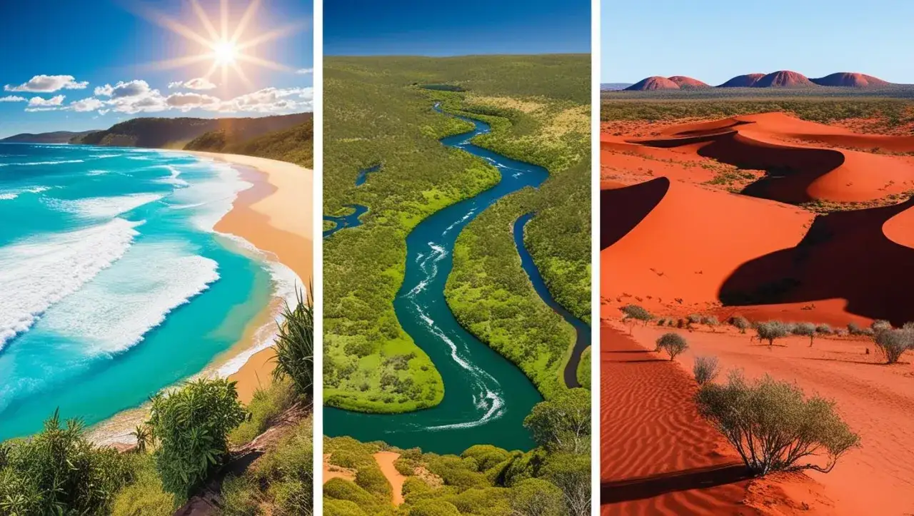Trzy krajobrazy Australii: plaża, rzeka w dżungli i pustynia. Te ziemie od wieków są domem dla rdzenni mieszkańcy australii.