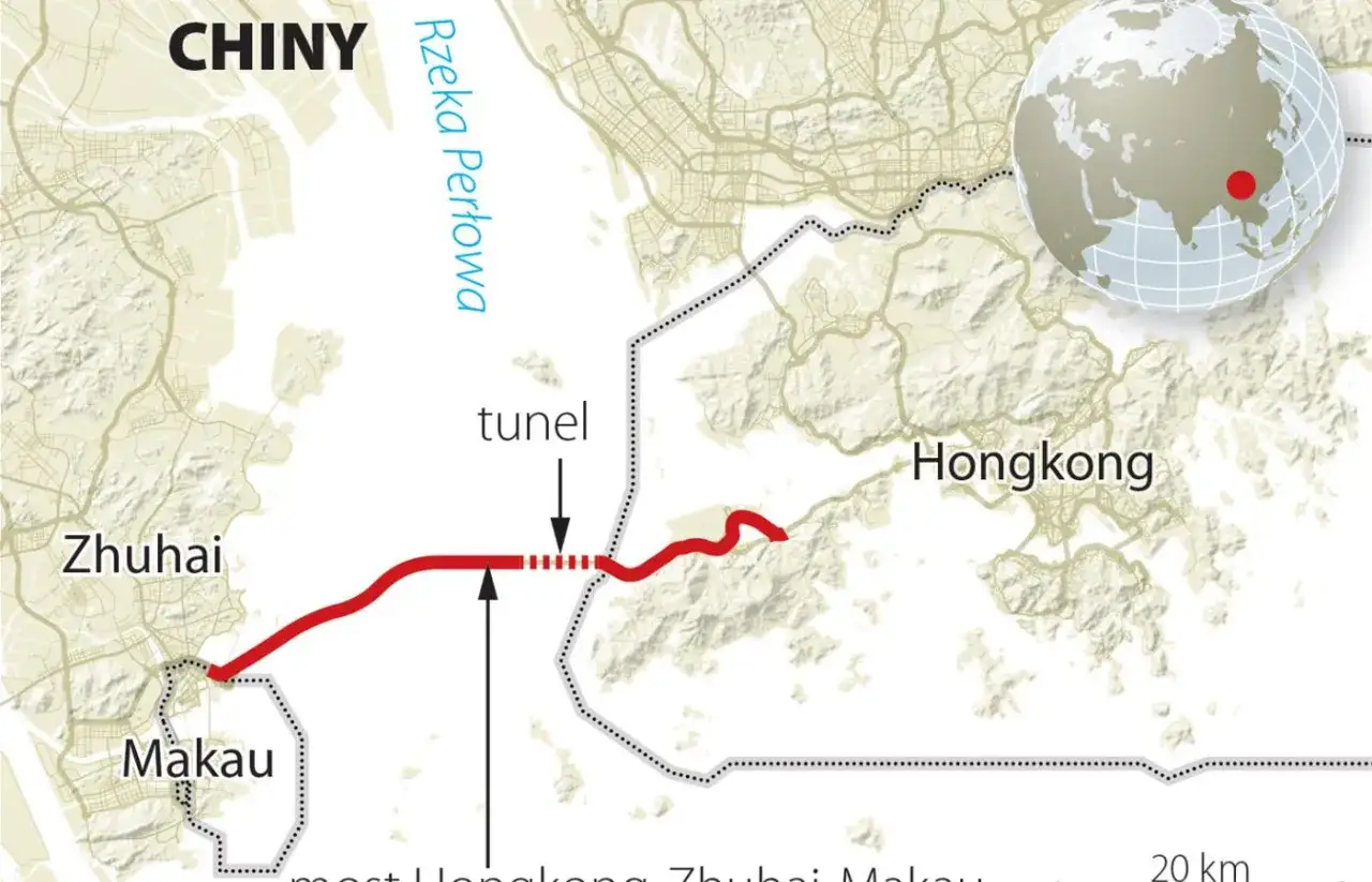 Mapa pokazuje połączenie Hongkongu, Zhuhai i Makau. Czy Hongkong to miasto czy państwo? Ta mapa pokazuje jego położenie w Chinach.
