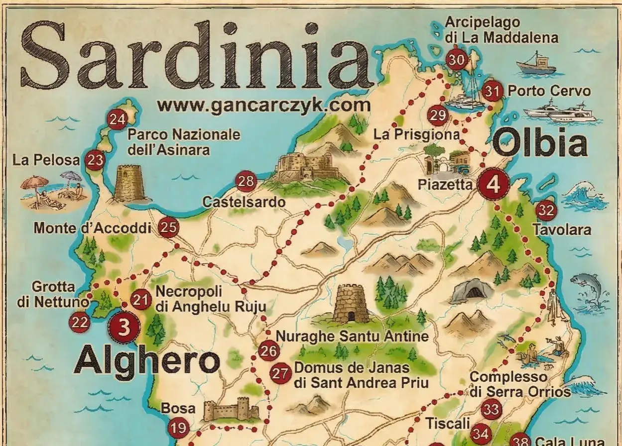 Mapa turystyczna Sardynii, pokazująca gdzie leży ta włoska wyspa, z zaznaczonymi atrakcjami jak Alghero, Olbia i plaże.