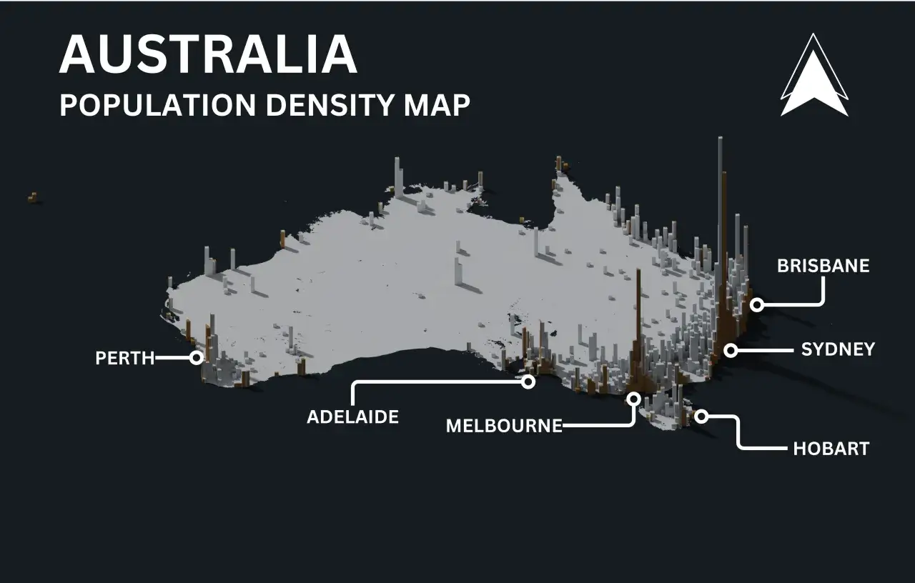 Mapa gęstości zaludnienia Australii. Wysokie słupki pokazują skupiska ludności w miastach takich jak Sydney, Melbourne, Brisbane, Perth i Adelaide.