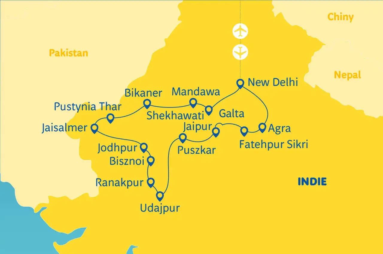 Mapa turystyczna Indii z zaznaczoną trasą przez Radżastan i okolice. Odwiedź New Delhi, stolicę, a potem odkryj pustynię Thar, Dżajpur i Tadż Mahal.