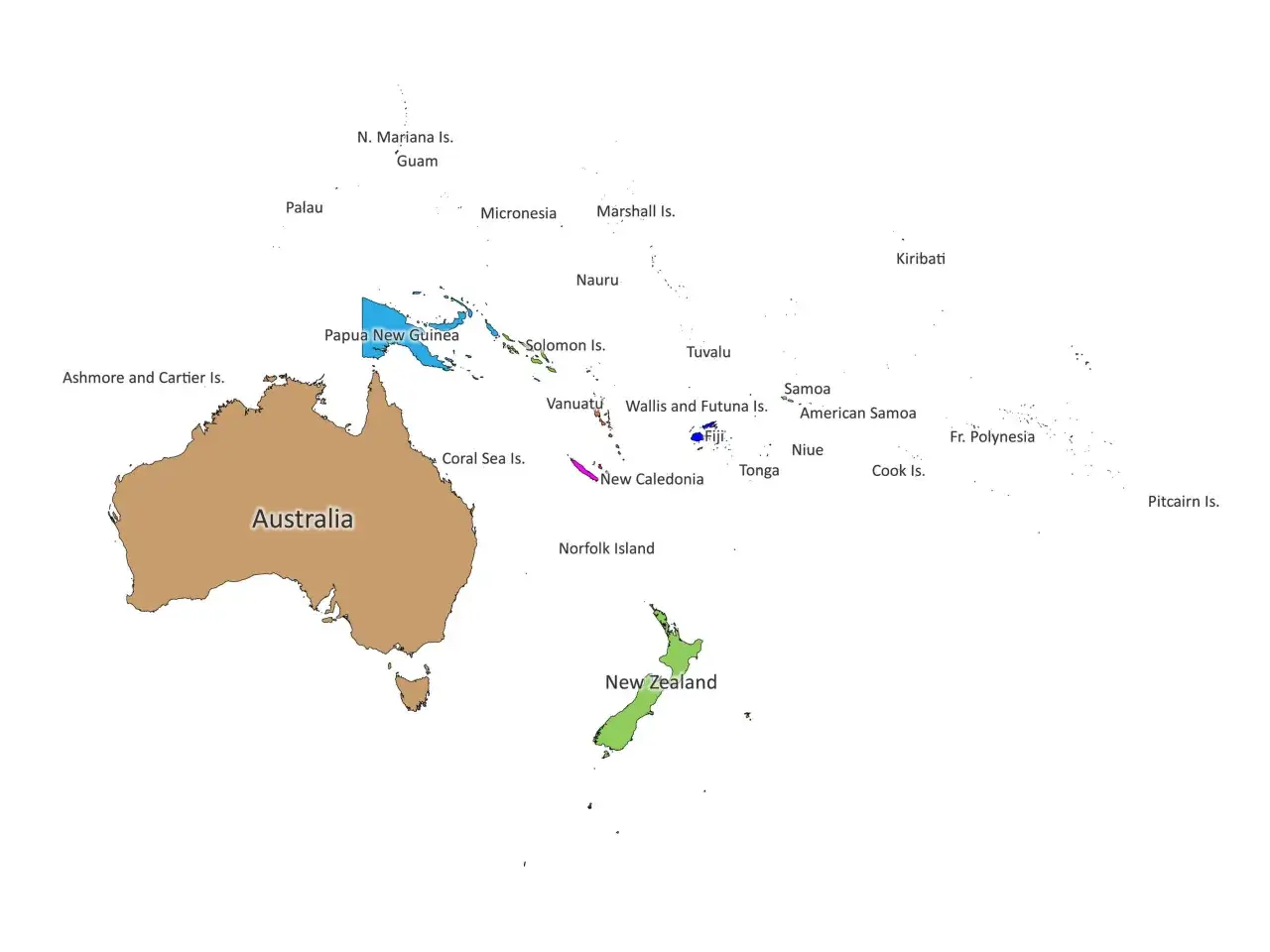 Mapa przedstawiająca państwa w Oceanii, w tym Australię, Nową Zelandię, Papuę-Nową Gwineę i wiele wysp Pacyfiku.