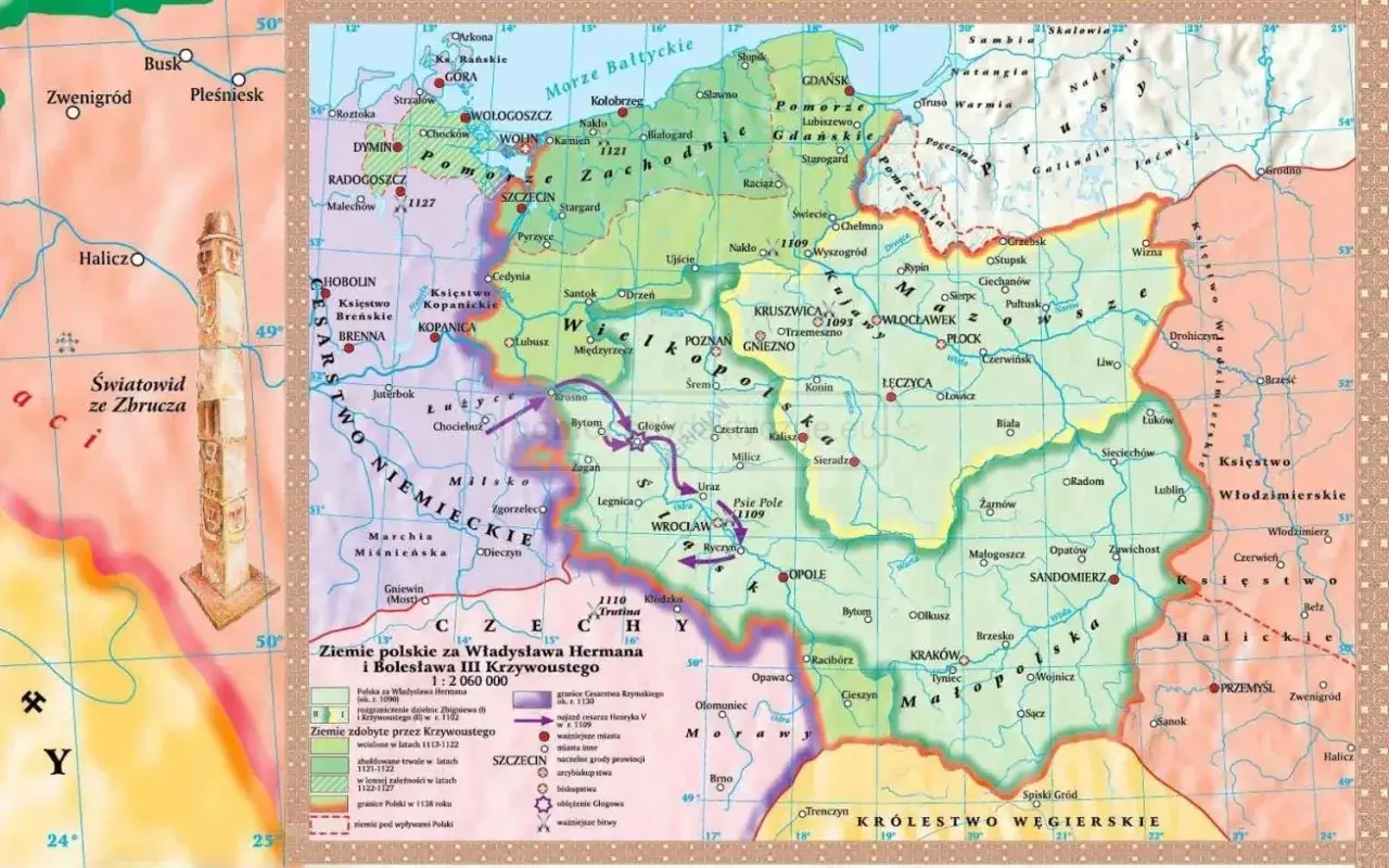 Mapa Polski z czasów Bolesława Krzywoustego, ukazująca ziemie polskie i ich historię.