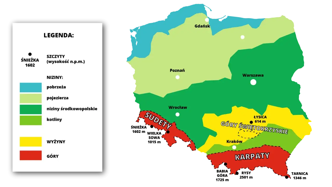 Mapa Polski z zaznaczonymi regionami: niziny, wyżyny i góry. Najwyższe góry w Polsce to Karpaty, gdzie znajduje się Rysy (2501 m).